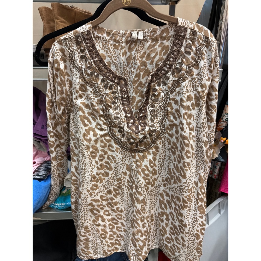 Madison Silk Blend Leopard Print Embroidered V-Neck Tunic Top Brown Tan Large